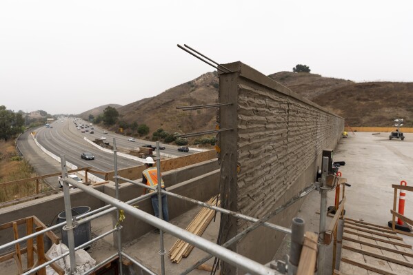 A construction worker looks over the 101 Freeway from the Wallis Annenberg Wildlife Crossing in Agoura Hills, Calif., Oct. 15, 2024. (AP Photo/Jae C. Hong, File)